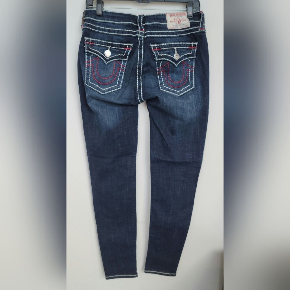 True Religion straight leg jeans with red and white stitch detail, Size 29